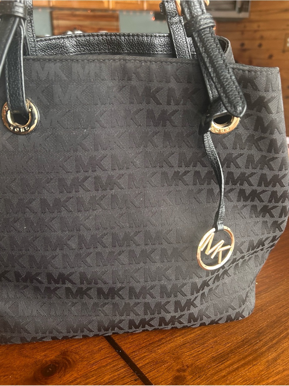 Michael Kors Black MK Logo Tote with Gold Accent